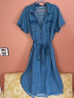 Classic Blue Denim Midi Dress with Tie Waist